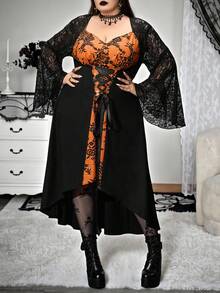 SHEIN CURVE+ Váy dài tay buộc dây phía trước màu đen tương phản phong cách Punk Halloween cỡ lớn/Mùa thu/Mùa đông - Nhiều màu - Xem 1