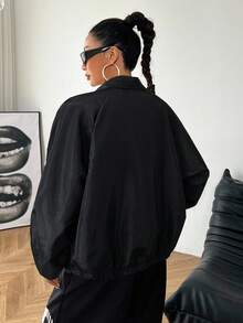 SHEIN EZwear Áo khoác dệt kim màu đen có khóa kéo thường ngày mùa thu dành cho nữ - màu đen - Xem 2