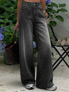 DAZY 女式常规腰部水钻装饰宽松休闲牛仔裤，街头风格 - 黑色 - 查看 2