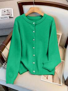 SHEIN LUNE Women's Round Neck Single-Breasted Casual Elegant Plus Size Long Sleeve Cardigan Winter - Green - View 1