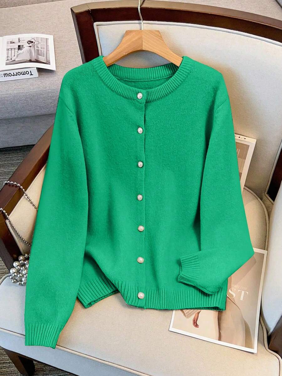 SHEIN LUNE Women's Round Neck Single-Breasted Casual Elegant Plus Size Long Sleeve Cardigan Winter - Green - View 1