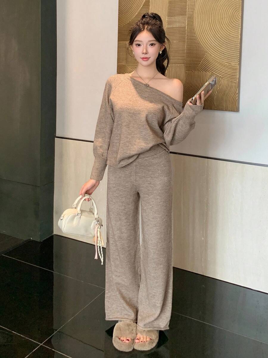 DAZY 2 件套女士休闲纯色针织毛衣上衣和直筒裤套装，秋冬 - 卡其色 - 查看 1