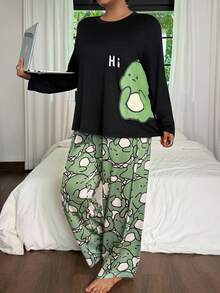 SHEIN Plus Size Cute Dinosaur Print Long Sleeve Top & Pants Pajama Set Dinosaur Pajamas Women, Fall Winter Clothes