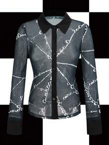 Shutterstock Glamance Black Elastic Mesh Sheer Sexy Spider Web Patchwork Women Long Sleeve Blouse, Suitable For Autumn/Winter Parties, Gatherings And Daily Wear Casual Stylish Collection New Year - Black - View 6