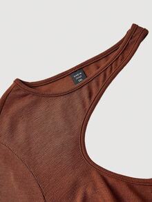 SHEIN MOD Plus Size Women Asymmetric Strap Long Sleeve Solid Color T-Shirt - Brown - View 3