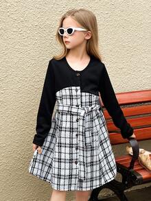 SHEIN 青少年女孩舒适拼布格子长袖连衣裙，甜美休闲校园风格，春秋秋冬 - 黑色 - 查看 1