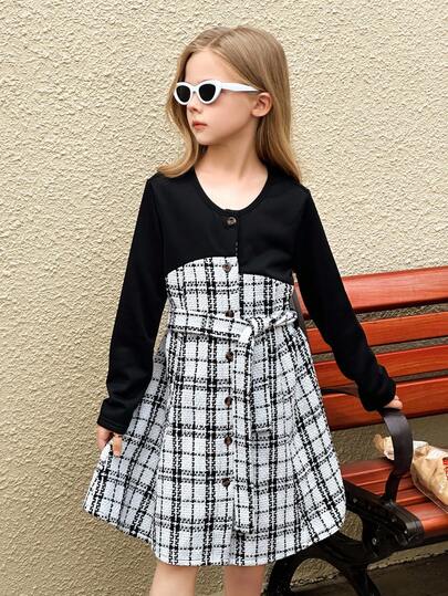 SHEIN Elladie kids 青少年女孩舒适拼布格子长袖连衣裙，甜美休闲校园风格，春秋秋冬
