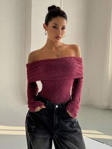 SHEIN Unity 秋冬款厚款露肩高领长袖紧身衣 - 酒紅色 - 查看 4