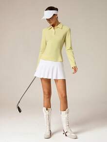 Hanevo Women's Light Yellow Collar Studded Split Sporty Casual Long Sleeve T-Shirt - Yellow - View 6