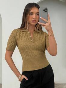 Aloruh 女式学院风马球领扭纹针织短袖毛衣，秋冬 - 芥末黃 - 查看 3