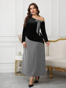 Modelyn Plus Size Women Patchwork Oblique Shoulder Bow Knit Dress - Multicolor - View 6