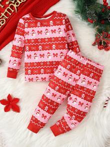 2pcs Toddler Girls' Cute Heart & Snowman Christmas Print Red Crew Neck Long Sleeve Top And Pants Knit Stretchy Comfortable Fitted Pajama Set - Red - View 3