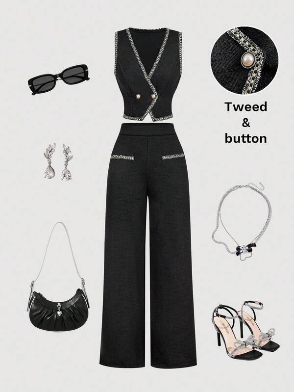 SHEIN MOD مجموعة بدلة نسائية مكونة من لباس علوي وبنطلون بألوان ال- تويد وشريط