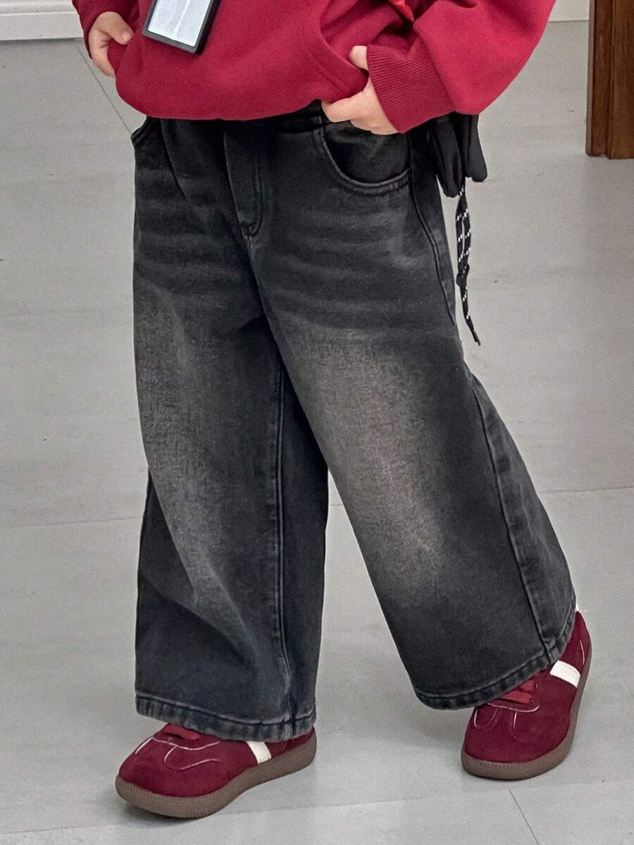 DAZY 幼儿男童宽松直筒牛仔裤，休闲街头风格，秋季 - 黑色 - 查看 1