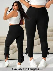 SHEIN PETITE CURVE 大码女式黑色休闲修身裤，饰有蝴蝶结和侧开衩，适合夏季、秋季、可爱、海滩度假、西部风情、乡村音乐会、校园、早午餐等场合，也适合春季、毕业典礼等优雅休闲场合。 - 黑色 - 查看 1