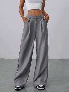 Aloruh Women's Winter & Fall Office Commuter Double Waistband Design Straight Loose Wide-Leg Super Long Maxi Low-Rise Suit Pants, Winter, Business Casual, Elegant,Wide Leg, - Dark Grey - View 1