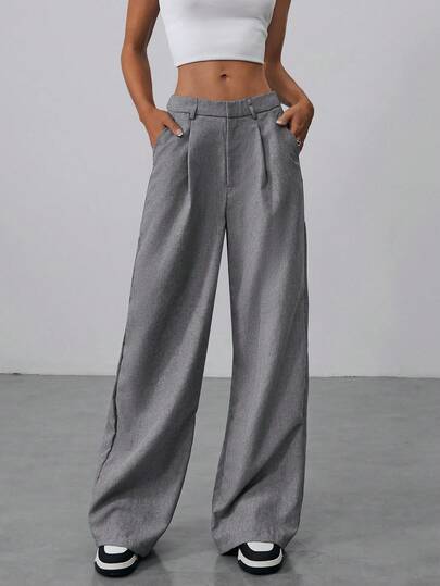 Aloruh Vinter- och höstkontorspendlare för kvinnor, design med dubbla midjeband, rakt, löst, vida ben, superlånga Maxi-byxor med låg höjd