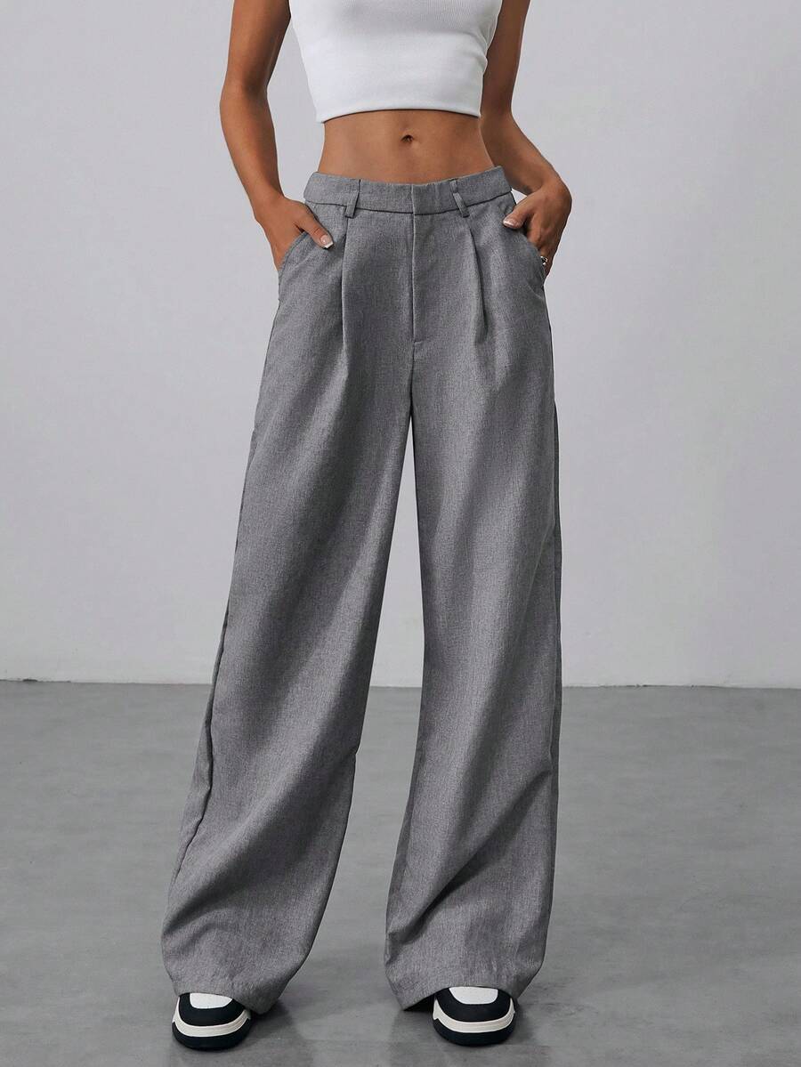 Aloruh Women's Winter & Fall Office Commuter Double Waistband Design Straight Loose Wide-Leg Super Long Maxi Low-Rise Suit Pants, Winter, Business Casual, Elegant,Wide Leg, - Dark Grey - View 1