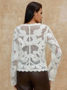SHEIN Privé VITNOS Luxury Fall Winter Women's White Crochet Cardigan Elegant Crochet Tops For Women, Casual For Fall Winter, Chic Autumn, Party Looks, Fall Winter For Women, New Year's, Earthy Women, Elegant, French Elegance, Cozy Sweaters, Fall Winter New Style Women, Weekend, Autumn Work Style, Delicate Romance, Elegant, Luxury , Fashionable This Autumn, Suitable For Dates, Going Out, Night Out, Parties, Weddings, Holiday, Vacation, Birthday - Beige - View 3
