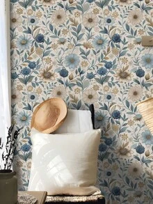 1 卷法国复古风格自粘墙纸 - 蓝色和棕色花卉图案，防水防潮接触纸，可移除和重复使用，适用于卧室、餐厅、客厅电视背景、橱柜、桌子、书架、家具翻新等家居装饰，易于安装 - 彩色 - 查看 9