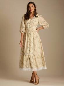 Enchnt Romantic Light Yellow Floral Print V-Neck Lantern Sleeve Ruffled Hem Dress Is Perfect For Autumn And Winter. Sweet And Elegant, It's Suitable For Vacations, Dates, Holidays, Parties, Graduations, Wedding Guests, The Beach, Dances, Sundresses, Carnivals, And Other Autumn/Winter Occasions. - Yellow - View 3