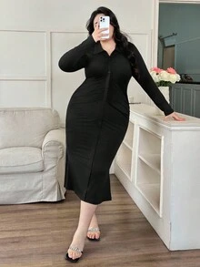 Modelyn Women's Fashionable Casual Elegant Solid Color Knit Plus Size Dress - Black - View 1