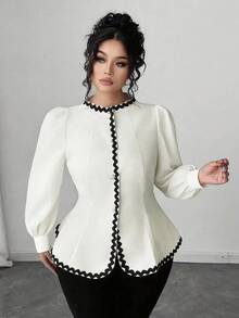 Elenzga 加大码“永不过时，古怪优雅系列（Woe Is Me Vibes）”（星期三美学）衬衫 - 米色 - 查看 1