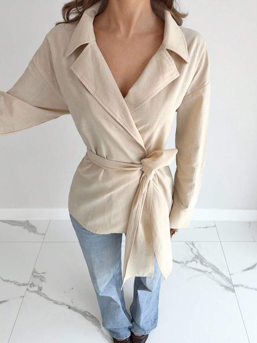 Siren Gaze Áo sơ mi nữ thắt eo bằng vải cotton, Bộ sưu tập mùa thu mới - Màu be - Xem 1