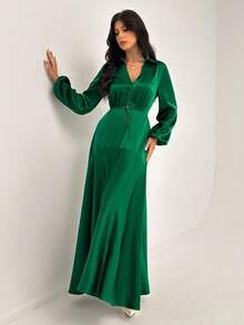 Almamuse Damen elegantes, strukturiertes Kleid mit weitem Ärmel - Grün - Übersicht 4