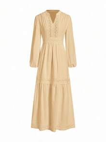 Ellevyn Women's Woven Jacquard Texture Spring Style Deep V-Neck Solid Color Ruffle Hem Lace Trim Summer Dress - Khaki - View 4