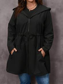 EMERY ROSE Chaqueta larga con capucha con cremallera, cintura con cordón, unicolor, estilo casual y cómodo para mujer de talla grande - Negro - Ver 6