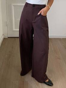 Livesso 女士宽松休闲商务直筒裤，简约时尚，适合办公室穿着，棕色，秋冬 - 棕色 - 查看 7