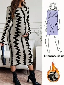 SHEIN 秋装，秋季服装，孕妇装 秋季服装 孕妇装 孕妇波浪条纹圆领喇叭袖修身优雅针织连衣裙 针织孕妇装中长连衣裙 喇叭袖孕妇装 紧身孕妇装 孕妇中长连衣裙 - 彩色 - 查看 1
