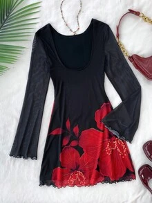 فستان قصير بأكمام واسعة وظهر مكشوف مطبوع بالزهور، أنيق للخروج والسفر والحفلات - الأسود - مشاهدة 2