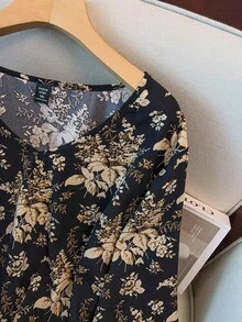 SHEIN DreamScene 大码女式翻边V领花卉印花长袖衬衫，通勤和日常穿着皆宜，秋季 - 彩色 - 查看 4