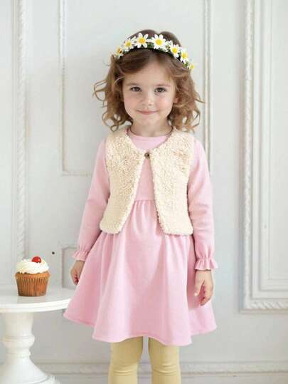 SHEIN مجموعة من قطعتين للفتيات الصغيرات، جاكيت صوفية فضفاضة بطراز ريفي + فستان بأكمام منتفخة من الكوردوروي، طقم كاجوال يومي جميل، سميك ودافئ، تصميم أنيق بسيط، للخريف والشتاء