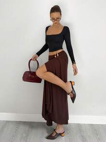 Siren Gaze 女式纯色金属腰部设计侧开衩下摆时尚半身裙 - 咖啡棕 - 查看 7