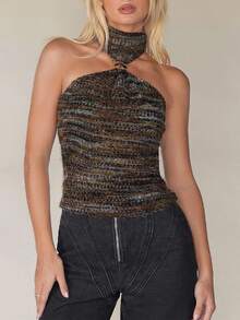 Aloruh Women's Fall Goth Sexy Metal Buckle Decor Off The Shoulder Jacquard Knit Elastic Camisole,Fall Clothes For Women,Gothic Women Clothes - Multicolor - View 3