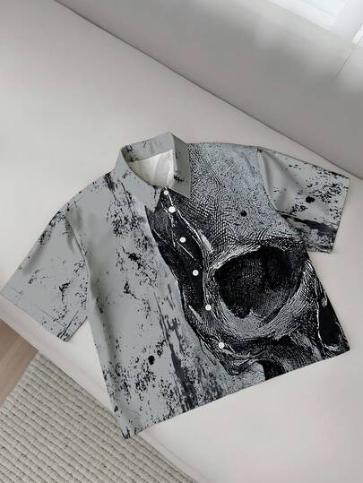 StoneGrade 男士做旧骷髅印花休闲宽松短袖衬衫