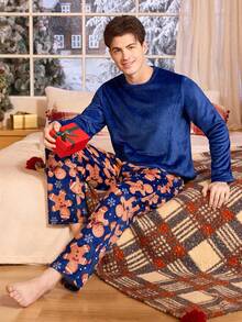 CoupledUp Cute Christmas Pattern Cozy Men Fluffy Pajama Set, Fall Winter Clothes - Multicolor - View 7