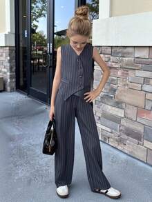 2pcs Tween Girls' Casual & Formal Striped Vest And Long Pants Set - Grey - View 3