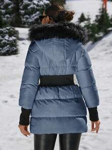 EURMUSE Padded Coat With Furry Hood And Adjustable Waist, Two Side Pockets, Thick And Fashionable Puffer Jacket, Quilting Details - Blue - View 2