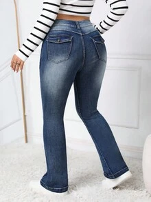 SHEIN PETITE CURVE Plus Size Women's Flare Jeans,High-Rise Bootcut Denim,Thermal Lined,Navy Blue,Summer,Smart Casual,Everyday,Classic Washed Slim Fit,Tummy Control Pants - Blue - View 2