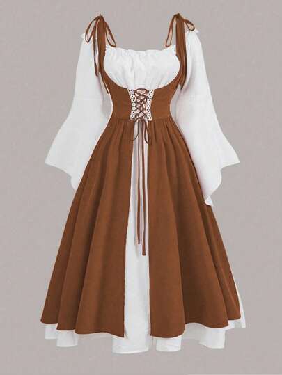 SHEIN MOOSTA 大码休闲拼色二合一抽绳A字长裙女装