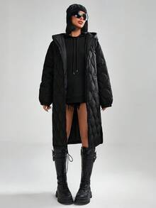 CasuGlow Women Hooded Pocket Detailed Long Quilted Winted Coat - Black - View 4