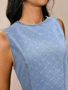 Vintamour 女式蓝色圆领无袖菱形图案修身牛仔连衣裙 - 淺色水洗藍 - 查看 7