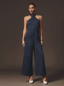 Hauture Formal Old Money Business Office Striped Backless Halter Jumpsuit - Blue and White - View 5