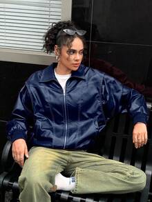 INAWLY Women's Casual Drop Shoulder Loose Jacket, Fall/Winter - Navy Blue - View 1