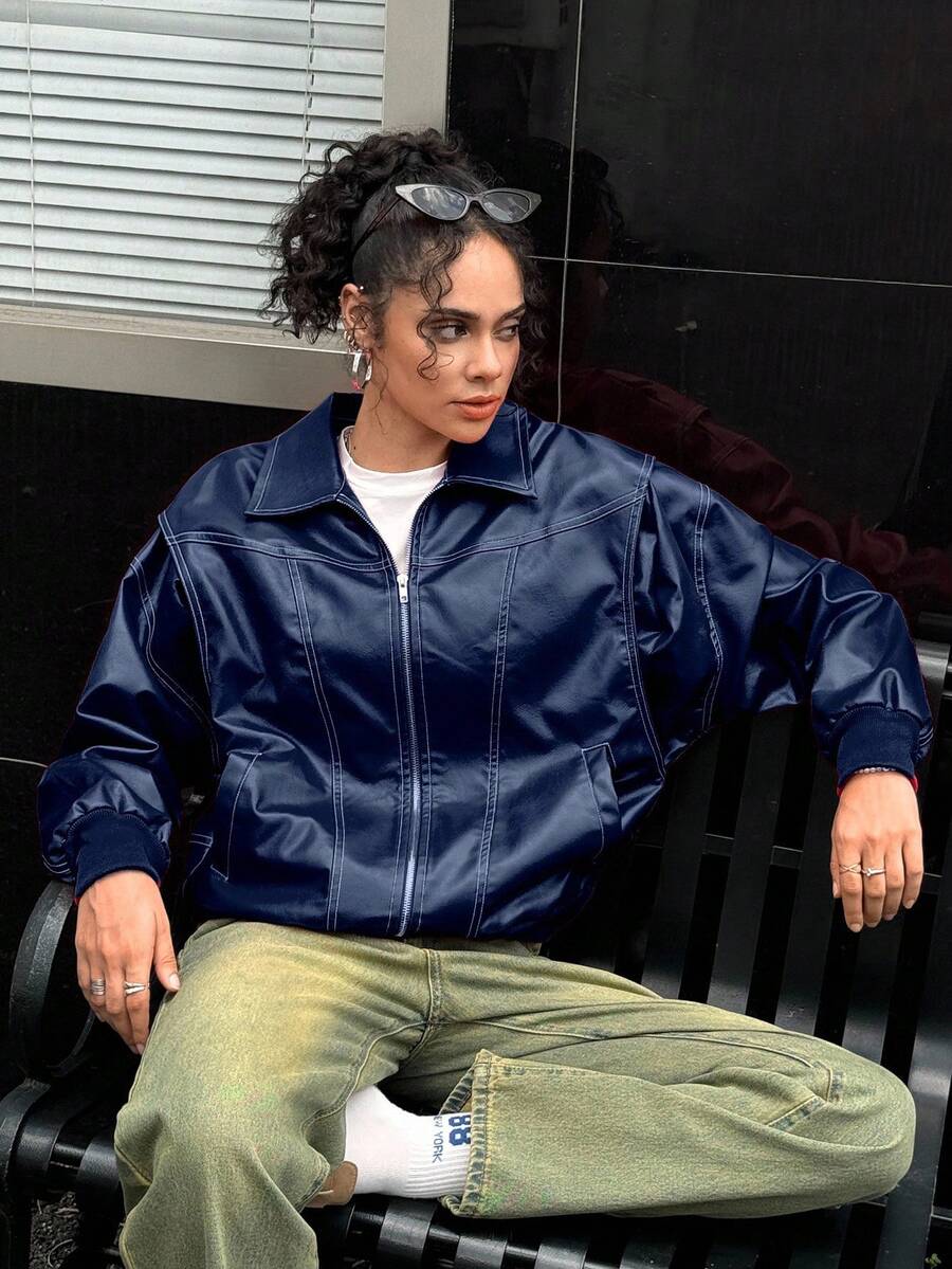 INAWLY Women's Casual Drop Shoulder Loose Jacket, Fall/Winter - Navy Blue - View 1