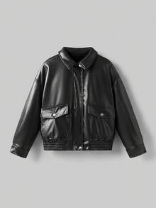 Maija Kids Maija Kids Jaket Kulit PU Berkerah Warna Polos untuk Remaja Perempuan, Cocok untuk Musim Gugur/Dingin - Hitam - View 1